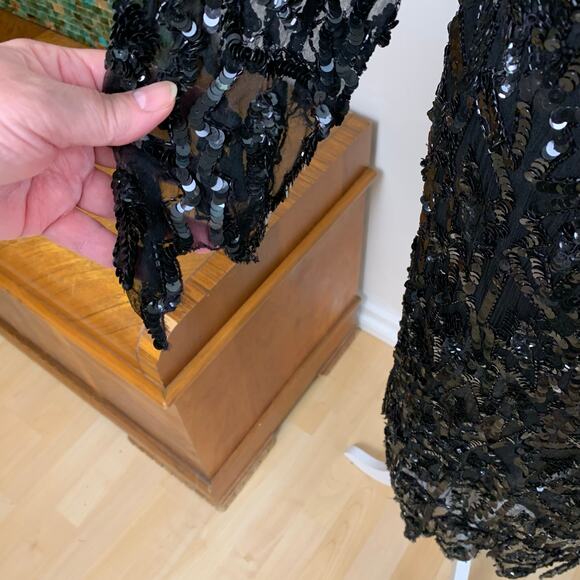 Vintage Sweet Love Black Silk Beaded Sequin Dress Sheer Sleeves L Whimsy Goth - Picture 5 of 12
